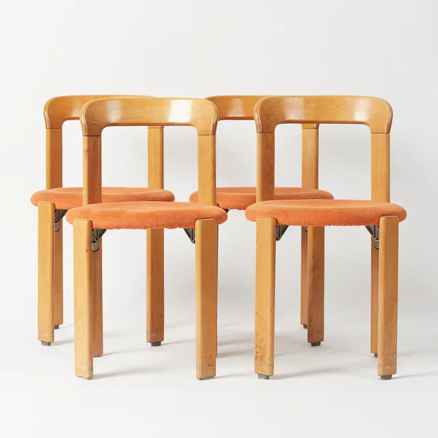 BRUNO REY. Kusch & Co. Set Stühle / Esszimmerstühle, Modell 'Rey Chair 33', Buche, Textil, Entwurf 1971, Deutschland. (4).