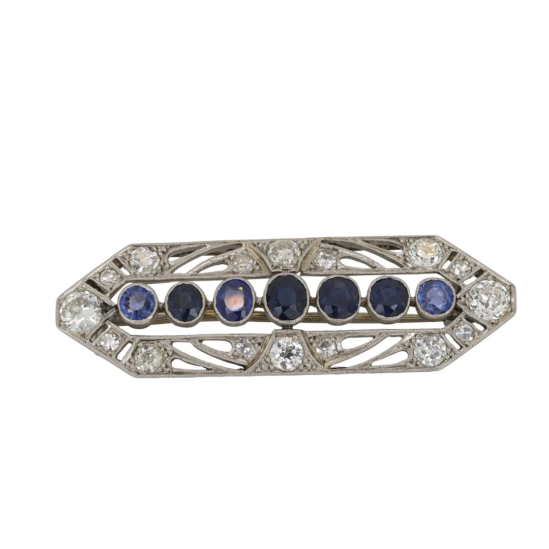 ART DECO PLATINUM DIAMOND & SAPPHIRE BROOCH. — Brooches & Pendants — Chalkwell Auctions