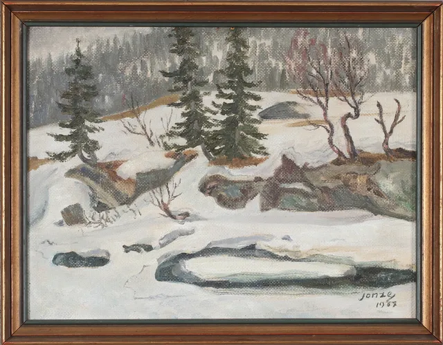 PAUL JONZE. Vinterlandskap Ljungdalen, olja på pannå, signerad.