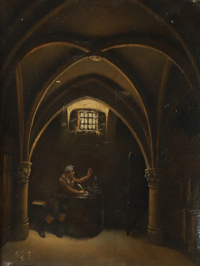 OKÄND KONSTNÄR. Författare i källarmiljö, olja på pannå, osignerad, 1800-tal.