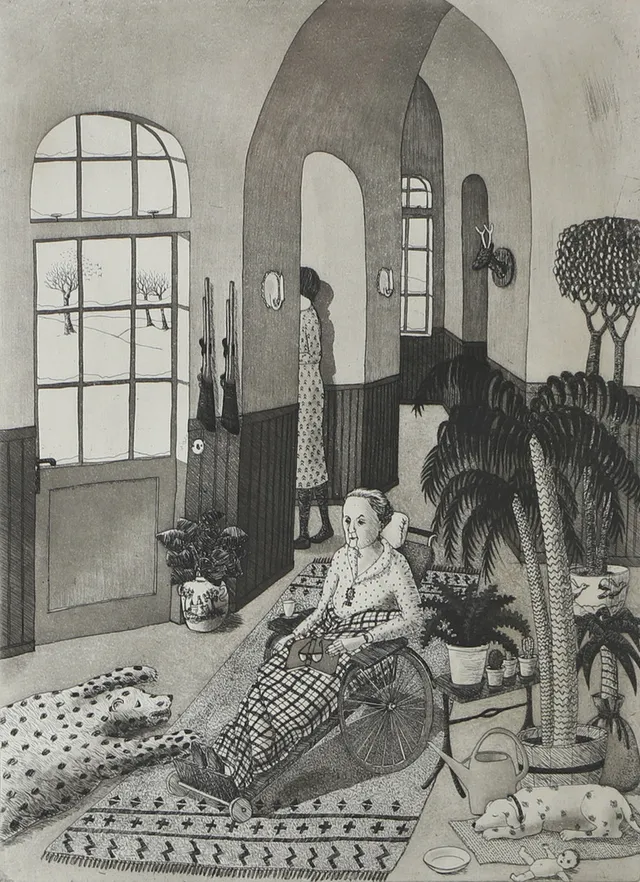 EVA REX. "Rullstolen", etsning, signerad.