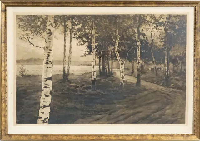 OTTO GRIPENSVÄRD (1847 - 1933). Etsning, "Kor bland björkarna", signerad.