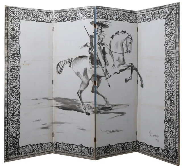 JOSEP MIQUEL SERRANO. Four-leaf folding screen with landscape and horseman.