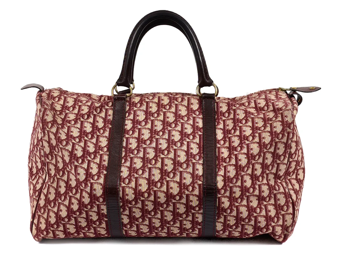 BAG, CHRISTAIN DIOR, vintage, röd/beige tyg, vinrött läder, 40x22x 18cm, visst slitage. — Accessoarer/Väskor — Kaplans