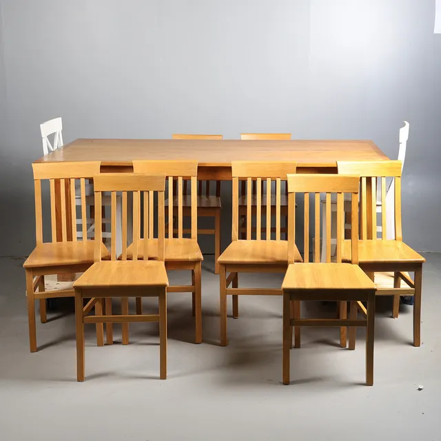 A LARGE 20TH CENTURY OAK REFECTORY TABLE TOGETHER WITH TEN CHAIRS (11).