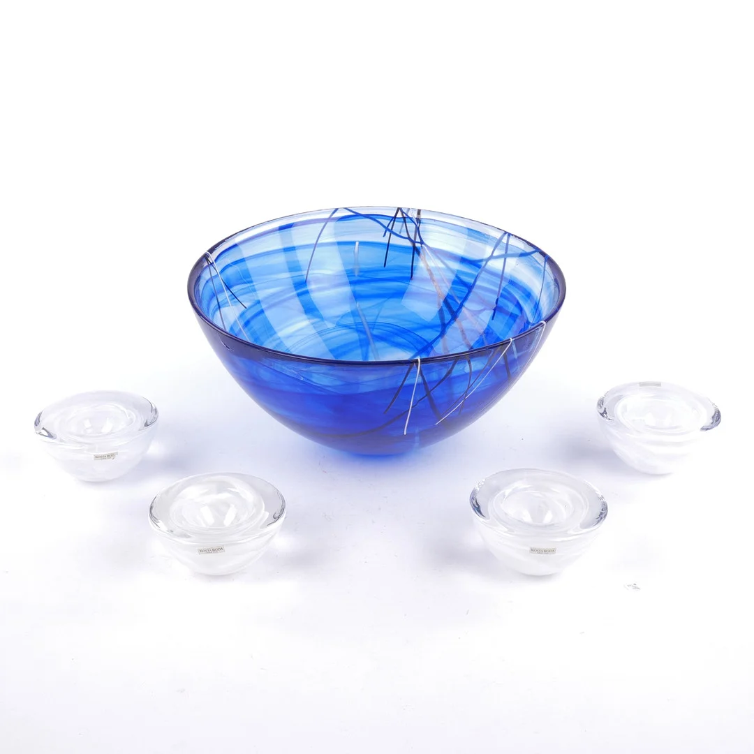 ANNA EHRNER. SKÅL OCH LJUSLYKOR, 5 st, glas, Kosta Boda. — Art glass — Auktionsfirma Kenneth Svensson i Kalmar