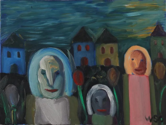 William Skotte Olsen: Composition with figures, houses and flowers