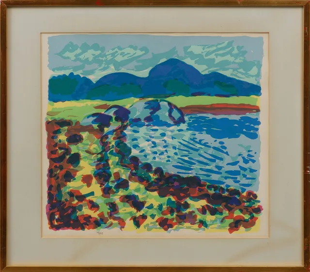 INGE SCHIÖLER. Färgserigrafi, motiv från Koster, stämpelsignerad och numrerad 61/195.