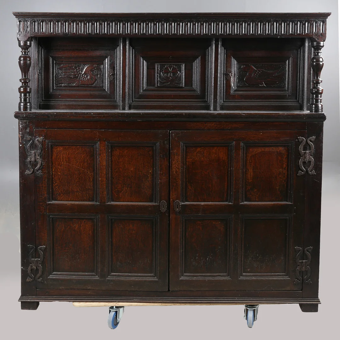 A 17TH CENTURY AND LATER OAK COURT CUPBOARD. — Cupboards, Cabinets & Shelves — Bishop & Miller