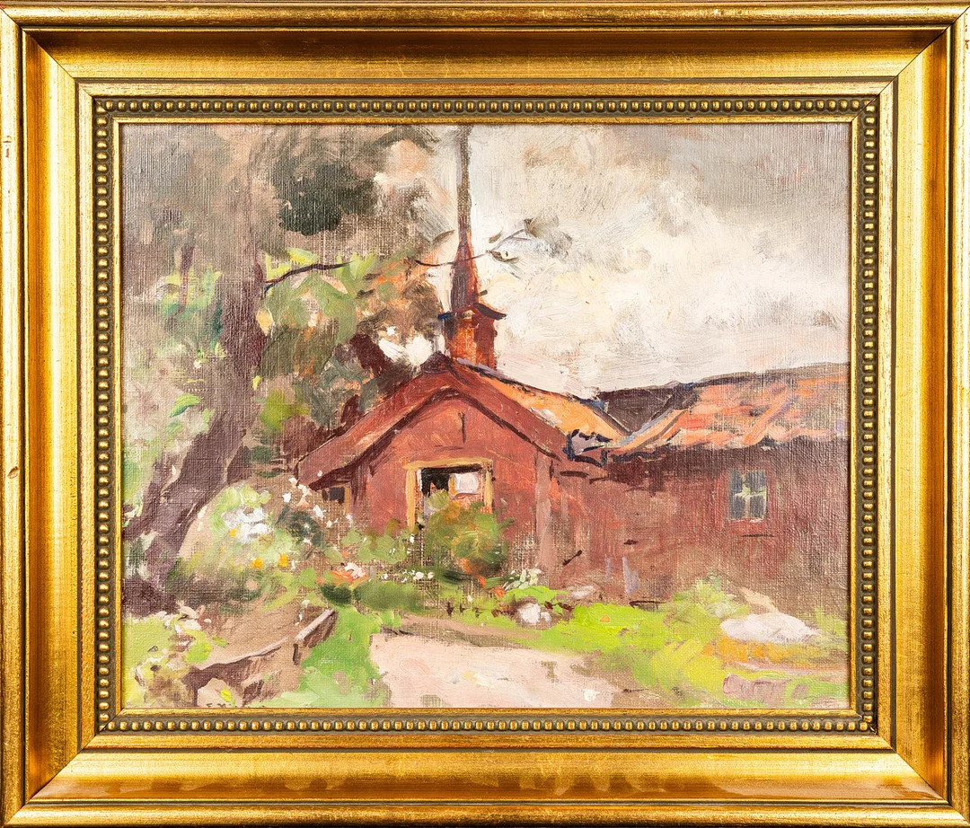 ESTHER KJERNER. Olja på pannå, Rött hus i landskap, Signerad. — Paintings — Norrlands Auktionsverk