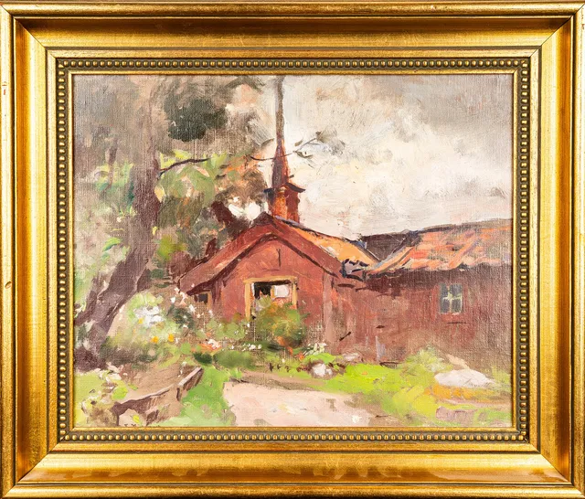 ESTHER KJERNER. Olja på pannå, Rött hus i landskap, Signerad.