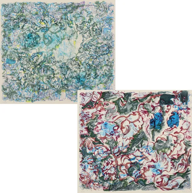 “Rebeccas billedark”, 1974. Both signed Per Kirkeby 1974, 45/200. Two lithographs in colours. Visible size 49.5×55 cm. (2)