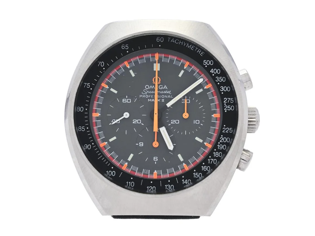 OMEGA, Speedmaster Professional, Mark II (T Swiss Made T), "Tachymetre", s.k. "Racing Dial", Cal 861, Serie nr. 32195105, Ref nr. ST 145,0014, Boett nr. 145.014, kronograf, herrur, 41,5 mm, stål, manuell, mineralglas, läderband, originalspänne i stål, ca 1971. — Klockor/Omega — Kaplans