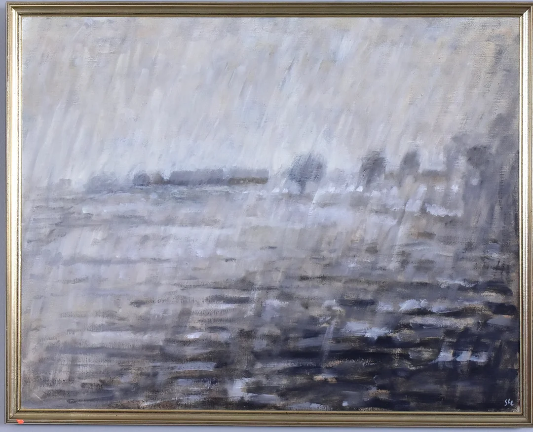 SIGNE LANJE LUNDQVIST. oljemålning på duk, "Disig marsdag med gård". — Paintings — Halmstads Auktionskammare