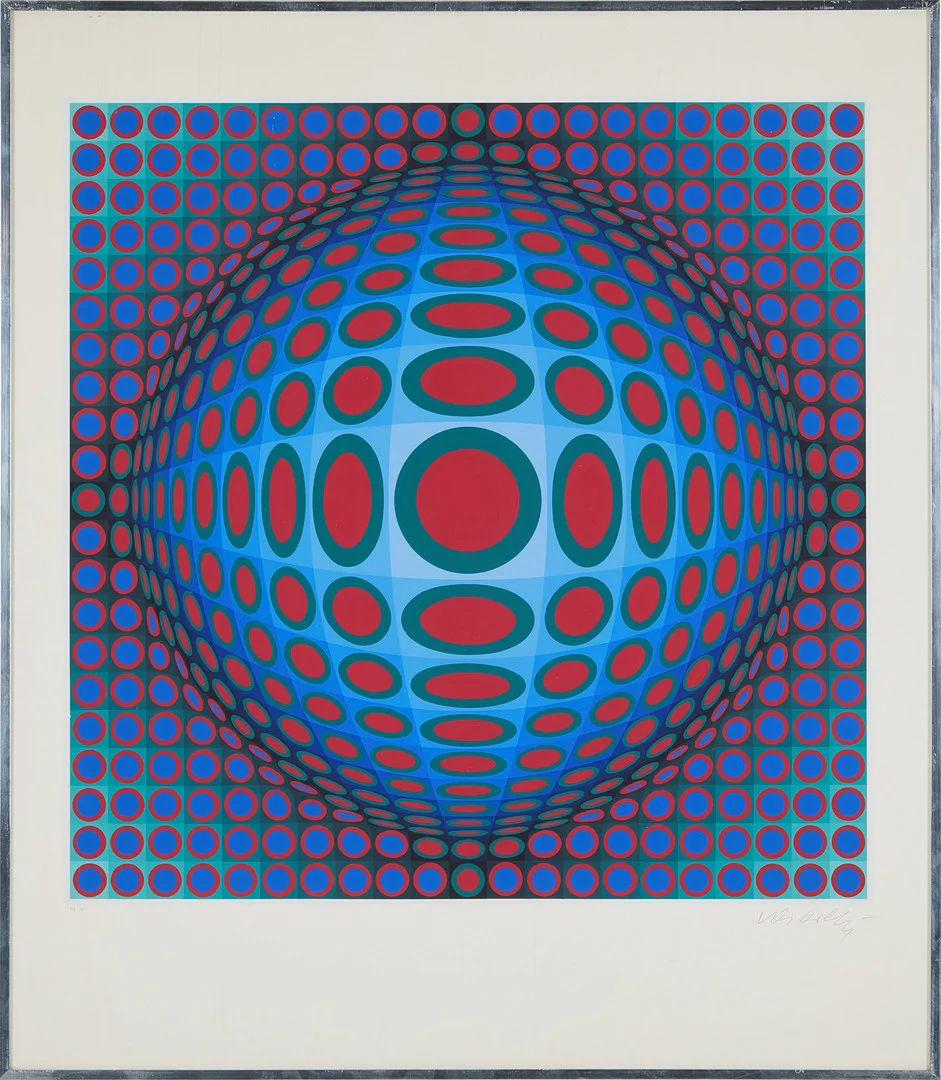 VICTOR VASARELY. Optisk komposition, signerad och numrerad, färglitografi. — Engravings & Prints — Stockholms Auktionsverk Magasin 5