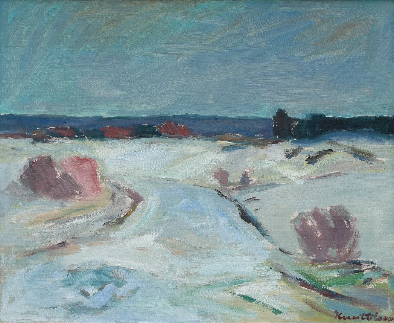 KNUT OLSON. olja på pannå, "Vårvinter Ransäter", signerad. — Paintings — Auktionsmagasinet Vänersborg