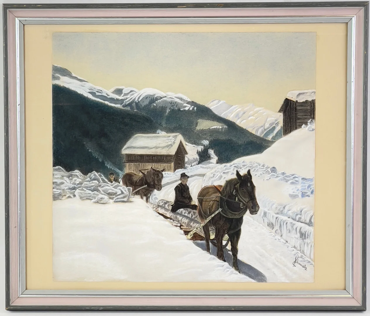 OIDENTIFIERAD KONSTNÄR. Blandteknik, arbetshästar i vinterlandskap. — Paintings — Roslagens Auktionsverk