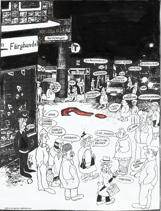 LARS HILLERSBERG (1937-2004) - CHRISTER PETTERSSON (1947-2204), "Spekulation" - Death of Palme corporation. delvis handkolorerad, signerad och numrerad Lars Hillersberg 25/100, även signerad av Christer Pettersson, grafiskt blad.