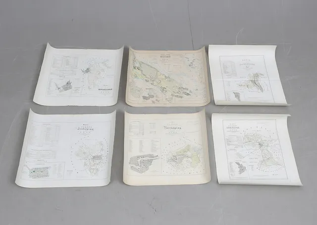 KARTOR, 6 st, Grafiska blad.Städer i Östergötland/Småland, bl.a. Linköping, Norrköping. 1800-tal.