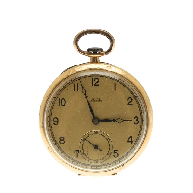 AN 18CT GOLD OPEN FACED POCKET WATCH BY LA ROCHETTE.