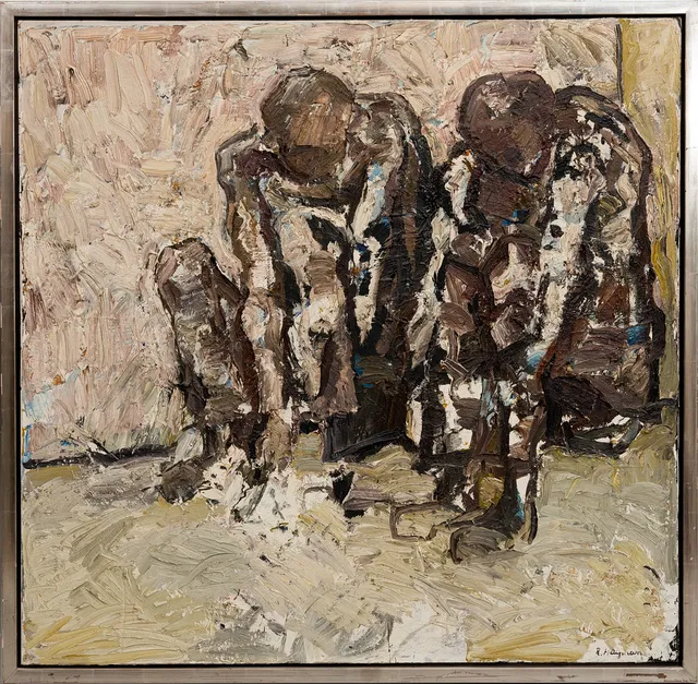 RUNE HAGMAN ( 1914-2007). Stenåldersmän, olja på duk, signerad, R, Hagman.