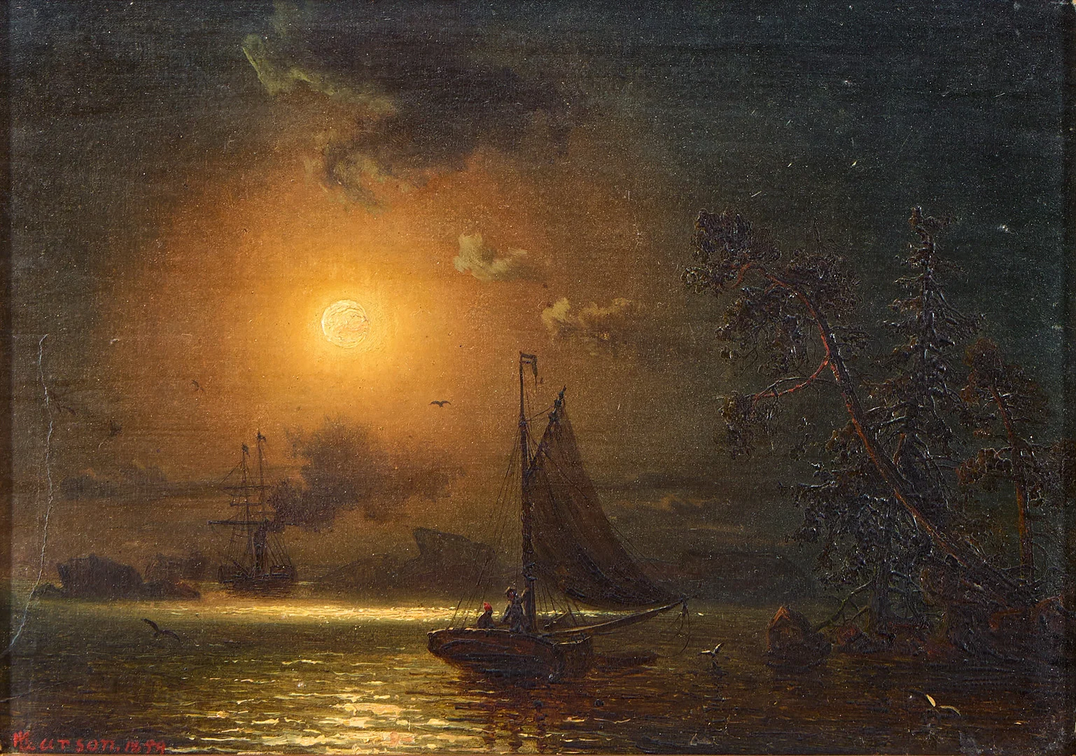 MARCUS LARSON (1825-1864). Skepp i månsken. — Paintings — Uppsala Auktionskammare