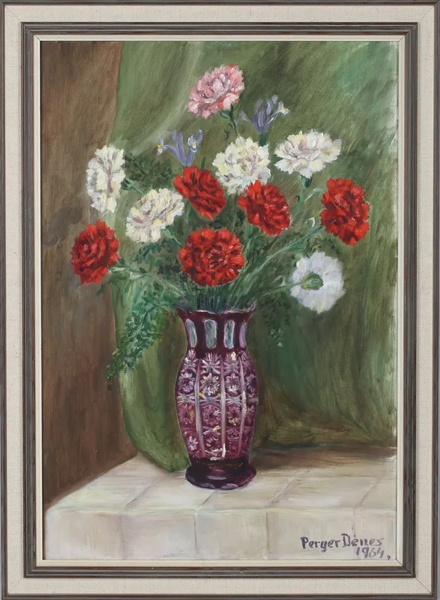 DÉNES PERGER. Blomsterstilleben, olja på duk, signerad.