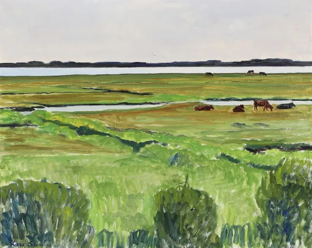 “Udsigt mod Jegindø fra Hesterodde, Mors”. Signed Lars Swane 66. Oil on canvas. 60×76 cm.