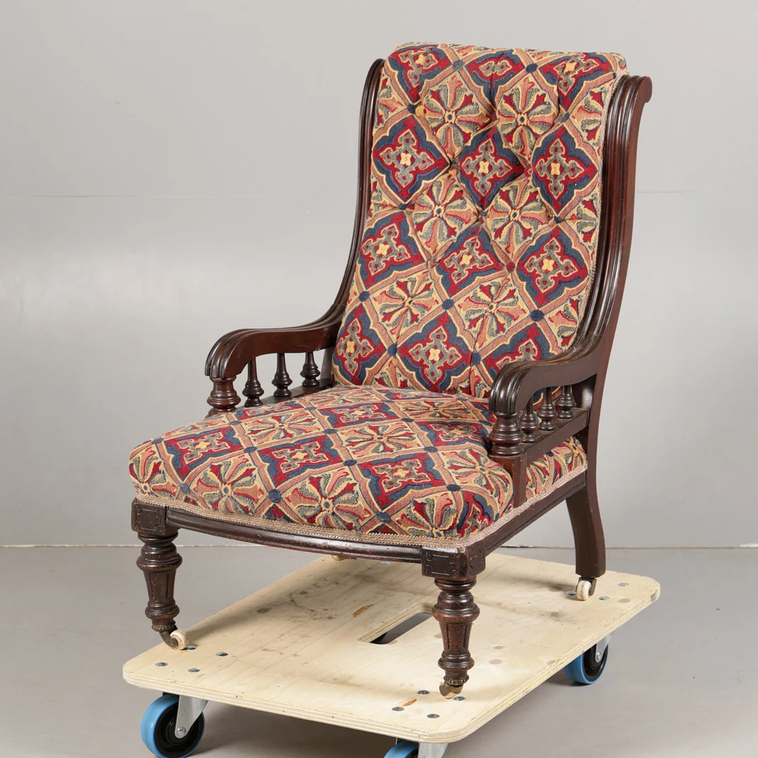 A VICTORIAN MAHOGANY & UPHOLSTERED ARMCHAIR. — Armchairs & Chairs — Bishop & Miller