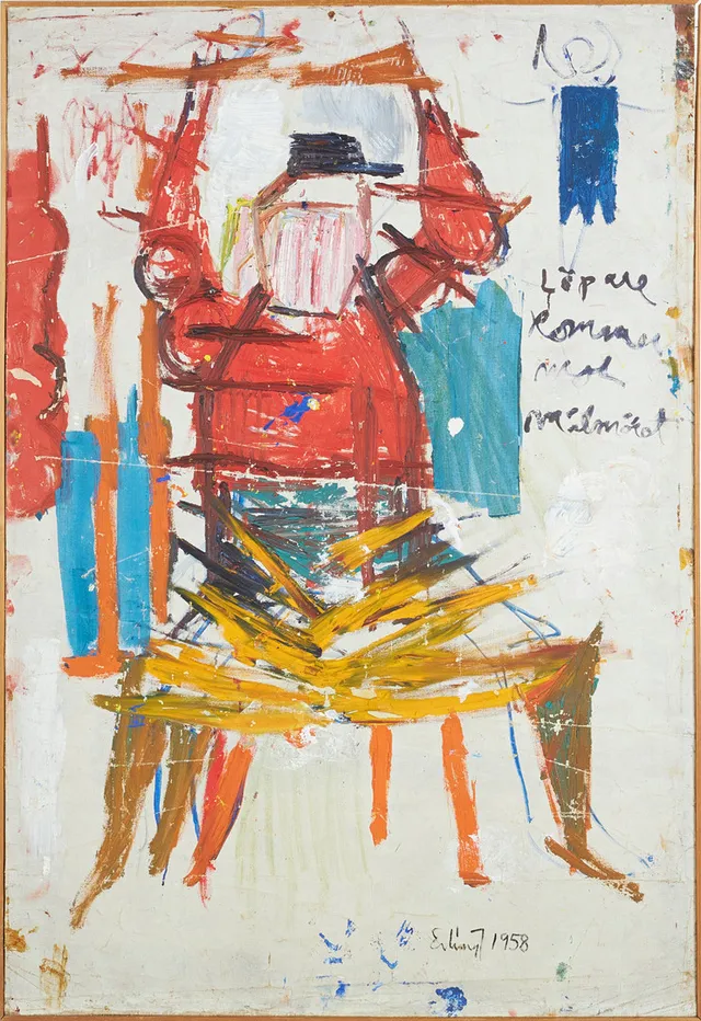 ERLING JOHANSSON. "löpare mot målmötet", 1958, olja på pannå.