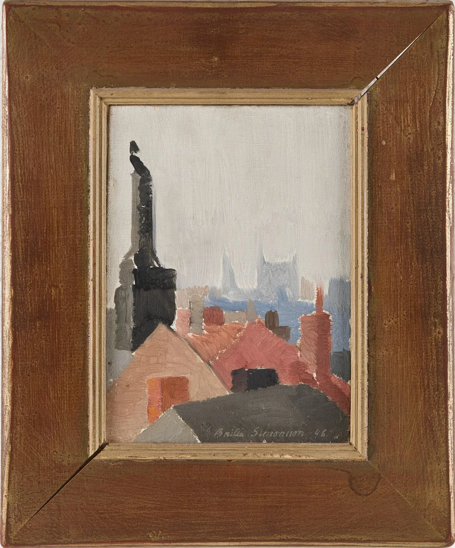BRITTA SIMONSSON (1911-1993) "Hustak" oljemålning på duk, signerad och daterad 46. — Paintings — Stockholms Auktionsverk Magasin 5