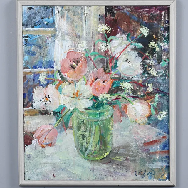 ELIN HÖGLUND. Olja på duk, blomster stilleben, signerad.