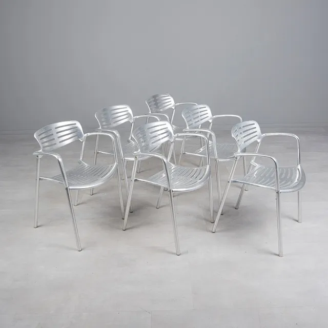 JORGE PENSI. für Amat-3, sechs Stühle / Stapelstühle, Modell 'Toldeo', Aluminium, 1980er Jahre, Spanien (6).