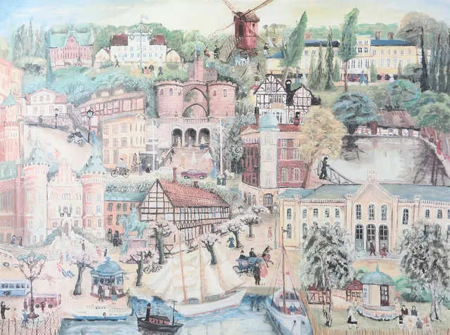 ALMA HANSSON. Helsingborgscollage, färglitografi, signerad A. Hansson.