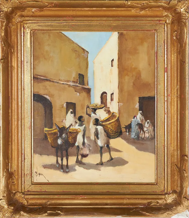 HENNING PAULSSON. Åsna med figurer i stadsmiljö, olja på duk, signerad.