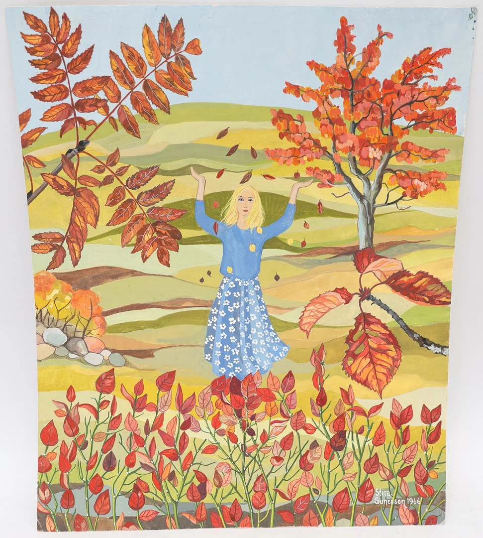 STINA SUNESSON. Höstbild med flicka, blandteknik, signerad och daterad 1966, oramad. — Paintings — Falun Auktionsbyrå