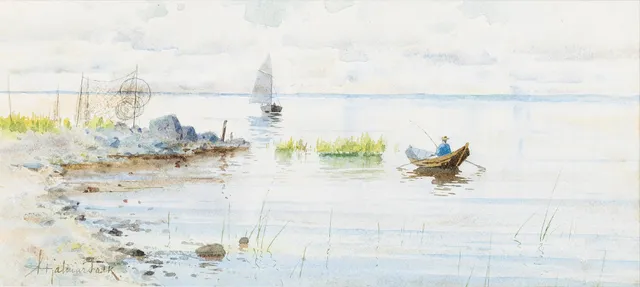 HJALMAR FALK (1856-1938). Fiskare vid kust, akvarell på papper, signerad.