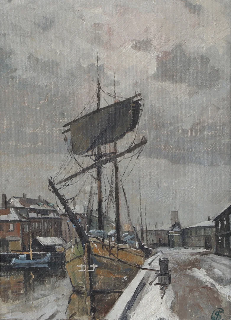 JENS SINDING CHRISTENSEN. Hamnmotiv, olja på duk, monogramsignerad. — Paintings — Helsingborgs Auktionskammare