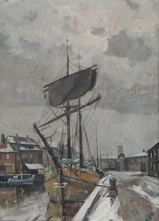JENS SINDING CHRISTENSEN. Hamnmotiv, olja på duk, monogramsignerad.