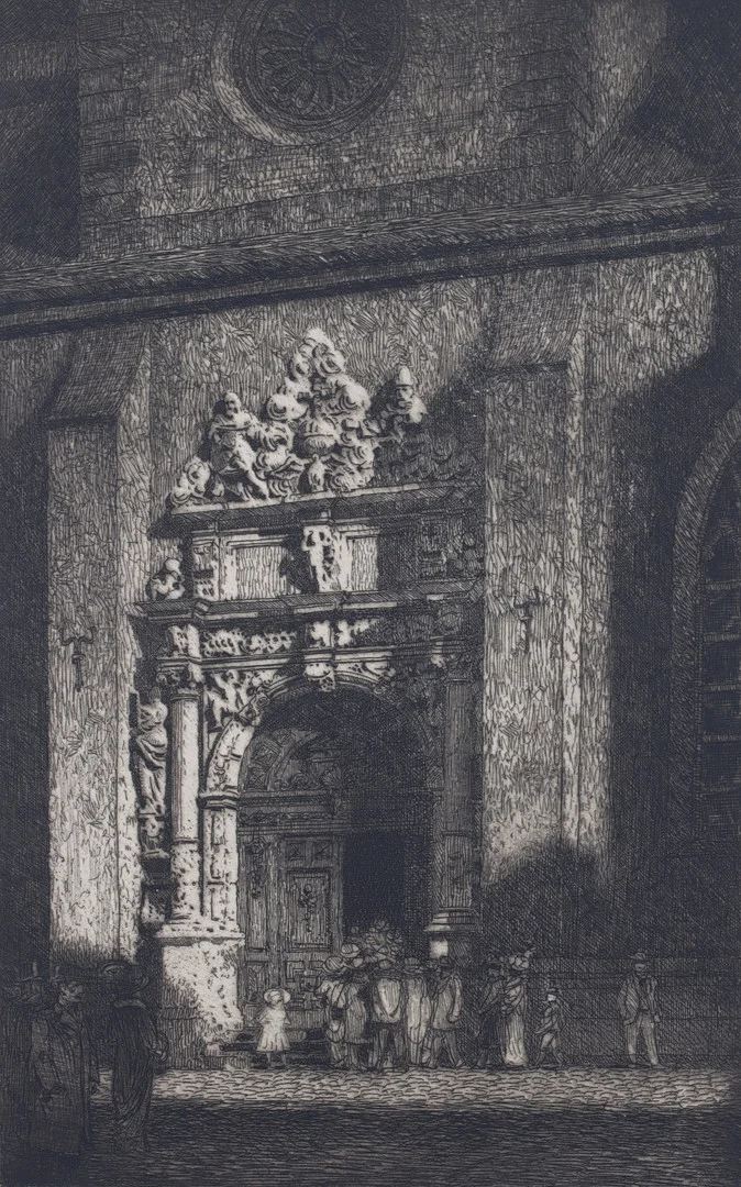FERDINAND BOBERG. "Jakobskyrkans östra portal", etsning, signerad. — Engravings & Prints — Stadsauktion Sundsvall