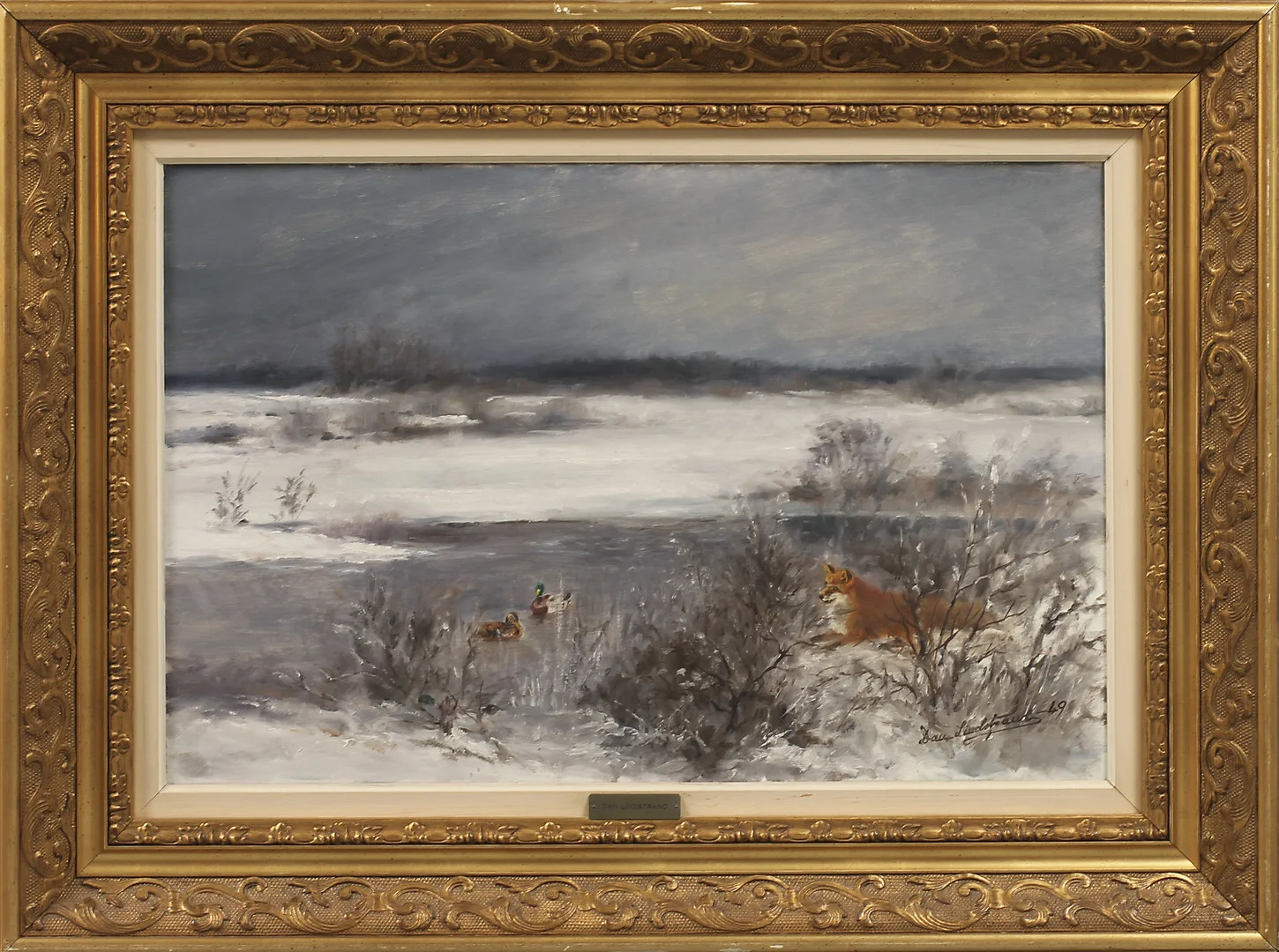 DAN LINDSTRAND. Vinterlandskap med räv och fåglar, olja på duk, signerad. — Paintings — Göteborgs Auktionsverk