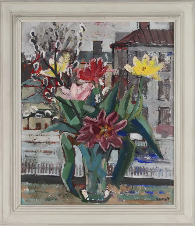 WILHELM HUNDT. "Blomsterstilleben" olja på pannå, signerad.
