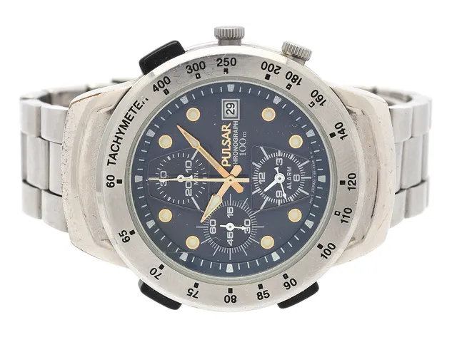 PULSAR, Chronograph (100m), "Tachymeter", Serie nr. 890656, Boett nr. Y182-6D10, kronograf, herrur, 39 mm, stål, quartz (går ej), mineralglas, datum, alarm, originallänk, viklås, ca 2008.