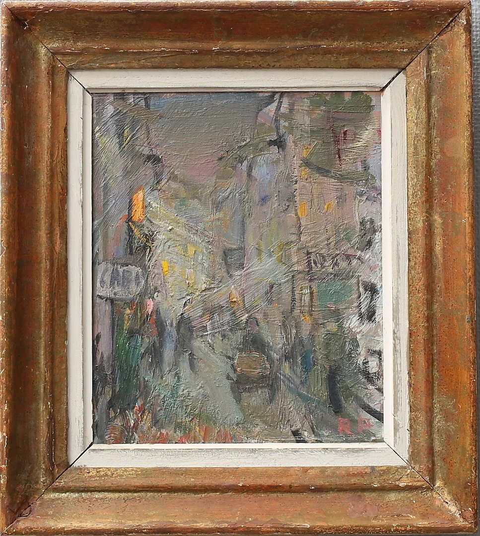 RAGNAR PERSON. "Gata i vårkväll". Olja på pannå, signerad RP. — Paintings — Växjö Auktionskammare