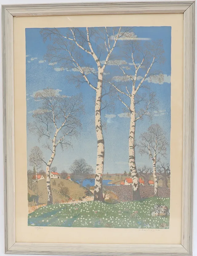 OSKAR BERGMAN. "Vitsippbacke" färglitografi, signerad och numrerad.