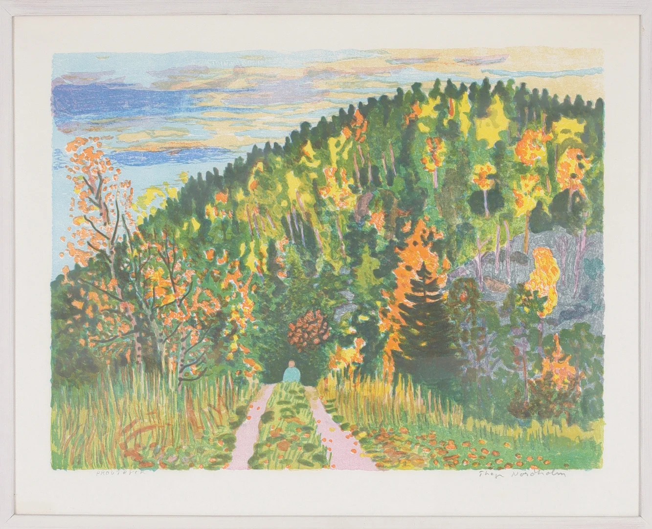 THAGE NORDHOLM. Höstpromenad, färglitografi, signerat provtryck. — Engravings & Prints — Stadsauktion Sundsvall