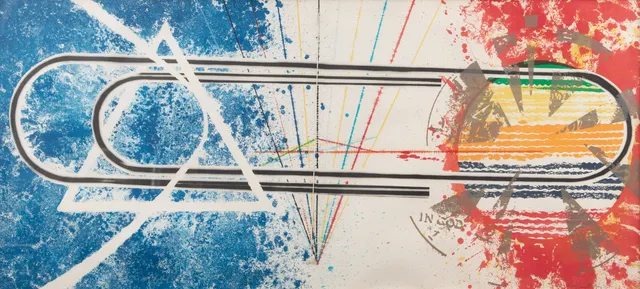JAMES ROSENQUIST. "Cold Rolled". Färglitografi samt påhängt snöre med sten. Utförd 1974-76.