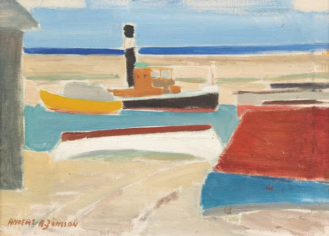 ANDERS A JÖNSSON (1907–2002). Hamnmotiv, olja på duk, signerad.