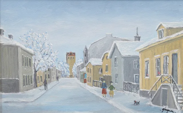 YNGVE JOHANSSON. Sandgärdsgatan Växjö, olja på duk, signerad.