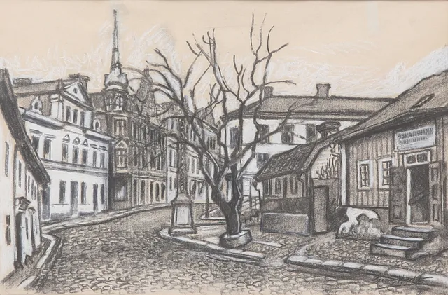 GEORG HULT. Köpmangatan, Oskarshamn. Pastell, signerad.